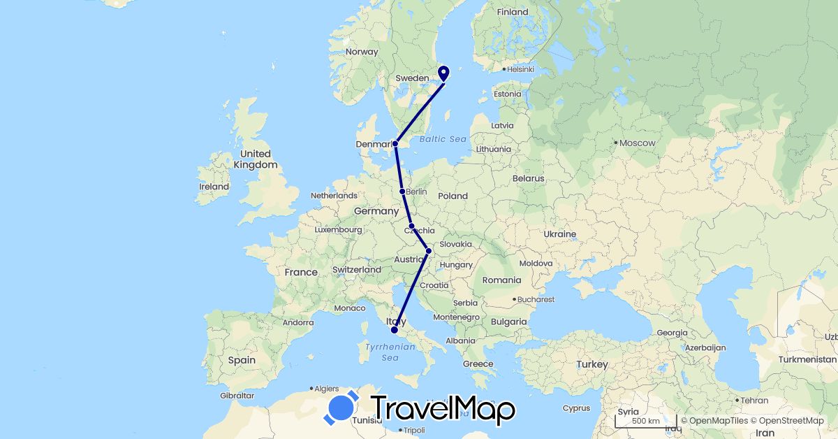 TravelMap itinerary: driving in Austria, Czech Republic, Germany, Denmark, Italy, Sweden (Europe)