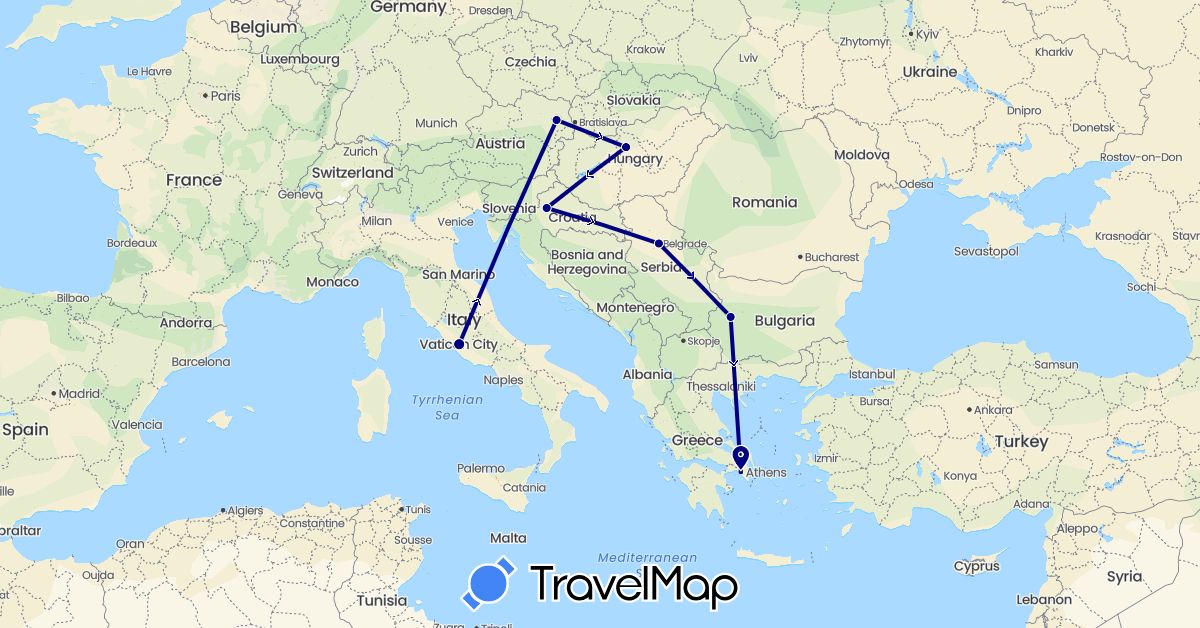 TravelMap itinerary: driving in Austria, Bulgaria, Greece, Croatia, Hungary, Italy, Serbia (Europe)