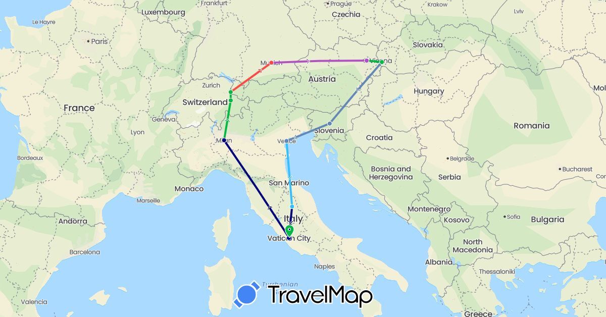 TravelMap itinerary: driving, bus, cycling, train, hiking, boat in Austria, Switzerland, Germany, Italy, Liechtenstein, Slovenia, Slovakia, Vatican City (Europe)